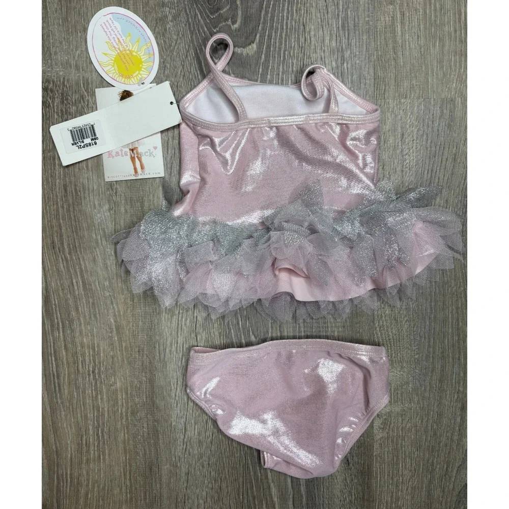 Kate Mack Baby Girl's Pink Silver Shimmer Ruffle 2 Piece Swimsuit SPF Sz 9 Month